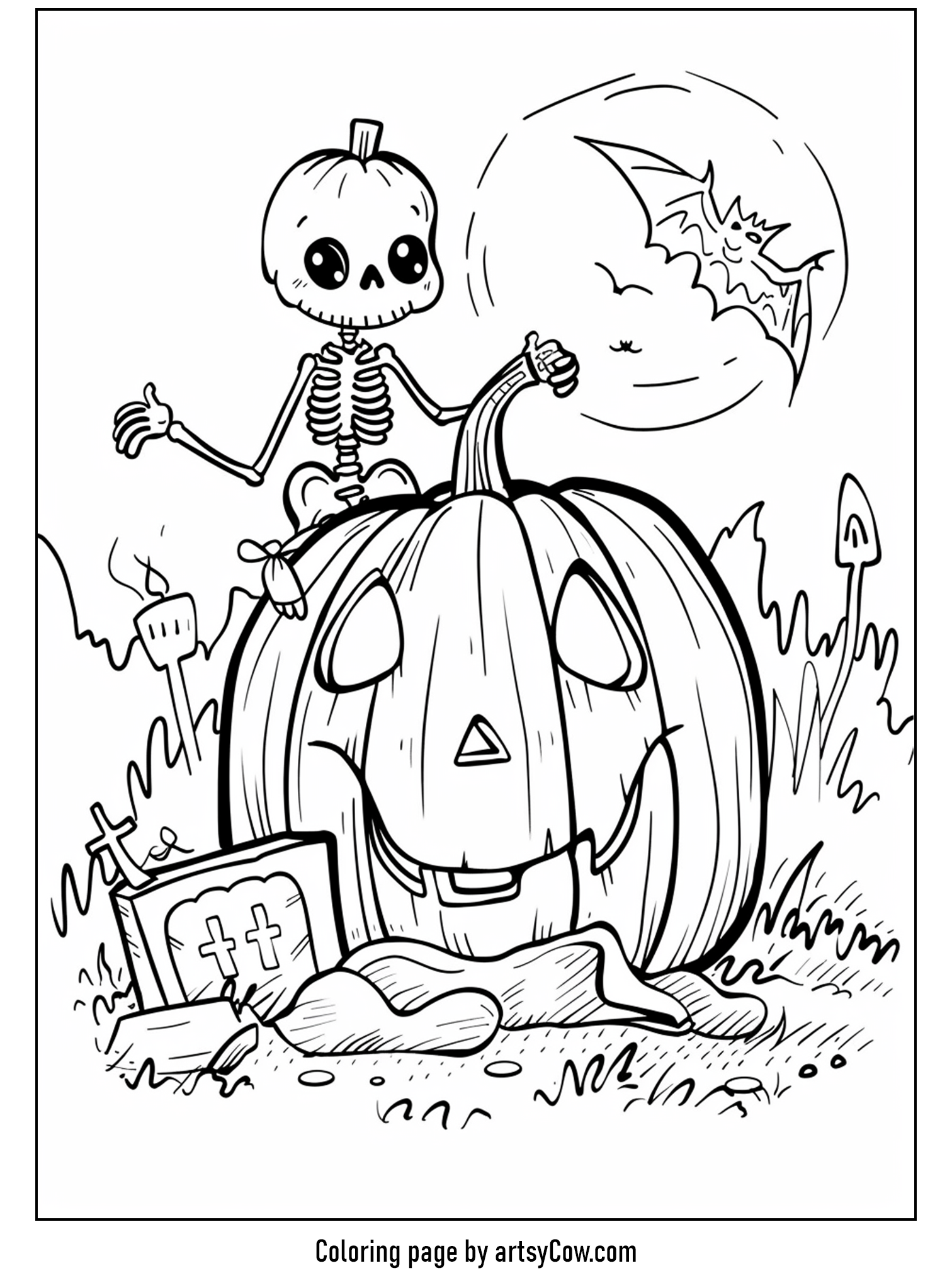 halloween pumpkin drawings for kids - featuring a pumpkin with a skeleton and a gravestone under a full moon.